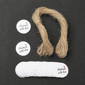 100Pcs Paper Gift Tags, Hange Tags, with Hemp Rope, for Arts, Crafts and Food, Flat Round with Word