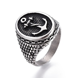 304 Stainless Steel Signet Rings for Men, Wide Band Finger Rings, Flat Round with Anchor