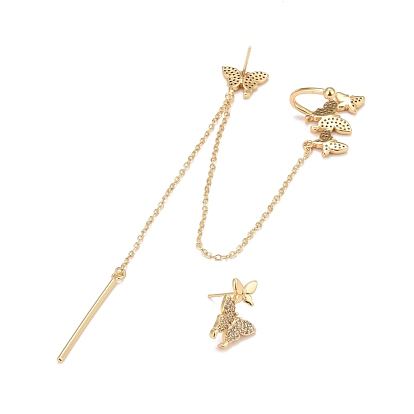 Cubic Zirconia Butterfly Asymmetrical Earrings, Real 18K Gold Plated Brass Long Chain Dangle Stud Earrings with Earcuffs for Women, Lead Free & Cadmium Free
