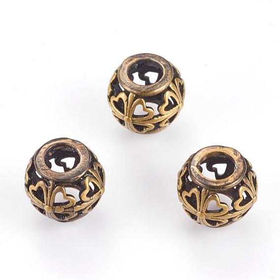 Brass Beads, Hollow, Round with Heart