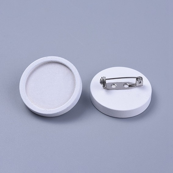 Stainless Steel Brooch Cabochon Bezel Settings, with Wood Tray, Flat Round