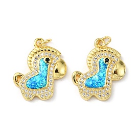 Brass Micro Pave Cubic Zirconia Pendants, with Synthetic Opal and Jump Ring, Long-Lasting Plated, Horse