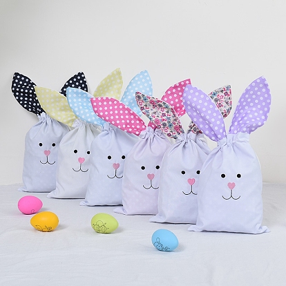 Easter Theme Plastic Storage Bags, Drawstring Rabbit Pouches, for Party Candy Packaging, Polka Dot Pattern/Flower Pattern