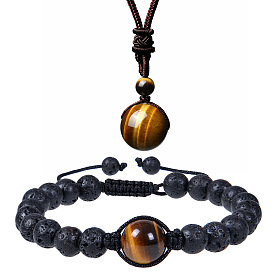 Collier et bracelet en œil de tigre naturel sertis d'un bracelet en perles de pierre volcanique et d'un bracelet diffuseur d'huiles essentielles - bijoux à la mode pour femmes