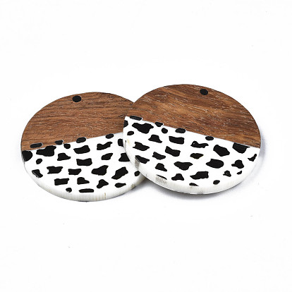 Resin & Walnut Wood Pendants, Flat Round with Cow Print