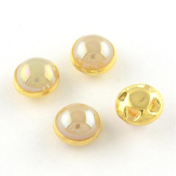 Boutons de couture en perles d'imitation en plastique ABS, couleur ab , avec les accessoires en laiton, or, 8~8.5x6mm, Trou: 1mm