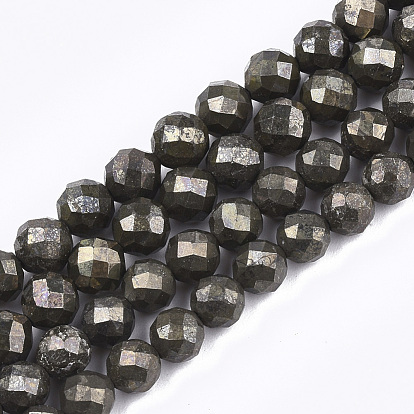 Natural Pyrite Beads Strands, Faceted, Round