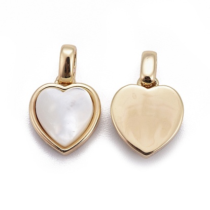 Natural White Shell Mother of Pearl Shell Pendants, with Brass Settings, Heart