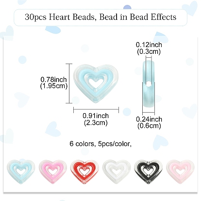 30Pcs 6 Colors Acrylic Beads, Bead in Bead, Heart