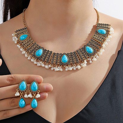 Bohemia Style Alloy Teardrop Jewelry Set, Acrylic Imitation Turquoise Beaded Dangle Stud Earrings & Bib Necklace