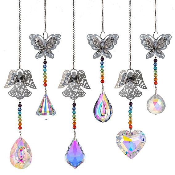 Glass Sun Catcher Hanging Prism Ornaments with Iron Butterfly/Angel, for Home, Garden, Ceiling Chandelier Decoration, Ball/Leaf/Heart/Teardrop