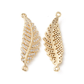 Brass Micro Pave Clear Cubic Zirconia Connector Charms, Feather Links