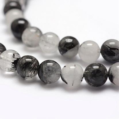 Noir quartz rutile brins de perles naturelles, ronde