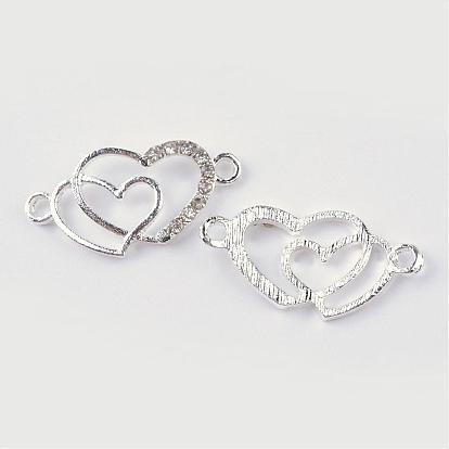 Alloy Rhinestone Links Connectors, Double Heart, 12.5x25x2.5mm, Hole: 1.5mm