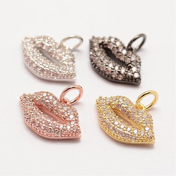 Brass Micro Pave Grade AAA Cubic Zirconia Charms, Long-Lasting Plated, Lip, Cadmium Free & Nickel Free & Lead Free