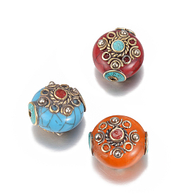 Perles de style tibétain, plat rond, imitation cire d'abeille et turquoise synthétique, avec les accessoires en laiton, Or antique