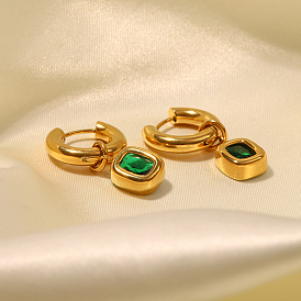 18k Gold Plated French Style Earrings with Green Zircon Stainless Steel Pendant