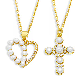 Chic Pearl Heart Necklace with Cross Pendant for Women's Fashion Statement