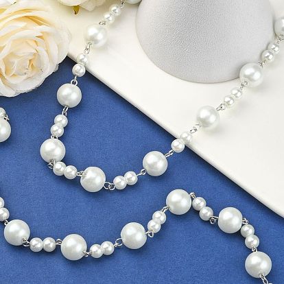 Handmade Round Glass Pearl Beads Chains for Necklaces Bracelets Making, with Iron Eye Pin, Unwelded, Platinum, 39.3 inch