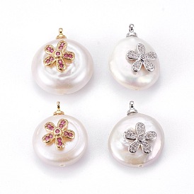Natural Cultured Freshwater Pearl Pendants, with Brass Cubic Zirconia Cabochons, Long-Lasting Plated, Nuggets with Flower
