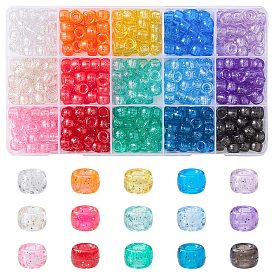 450Pcs 15Colors Transparent Plastic Beads, with Glitter Powder, Barrel