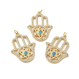 Rack Plating Brass Pave Cubic Zirconia Pendants, with Glass & Jump Ring, Lead Free & Cadmium Free, Real 18K Gold Plated, Long-Lasting Plated, Hamsa Hand with Star of David Pattern Charm