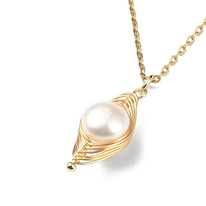 Natural Pearl Pendant Necklace, 304 Stainless Steel Wire Wrap Jewelry for Women