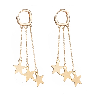 Brass Star Chain Tassel Dangle Hoop Earrings, 304 Stainless Steel Jewelry for Women