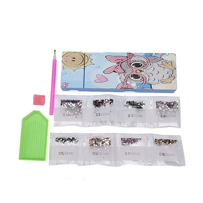 5D DIY Diamond Painting Stickers Kits For ABS Pencil Case Making, with Resin Rhinestones, Diamond Sticky Pen, Tray Plate and Glue Clay, Rectangle with Owl Pattern