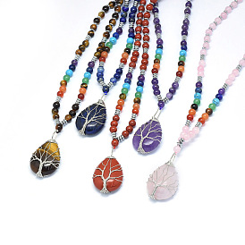 Yoga chakra bijoux, Colliers pendentifs en pierre mélangés naturels et synthétiques, avec les accessoires en laiton, goutte d'eau avec arbre