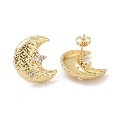 Clear Cubic Zirconia Moon with Star Stud Earrings, Brass Jewelry for Women