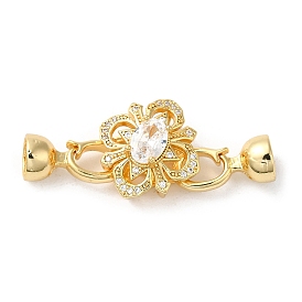 Rack Plating Brass Pave Clear Cubic Zirconia Fold Over Clasps, Cadmium Free & Lead Free, Long-Lasting Plated, Flower