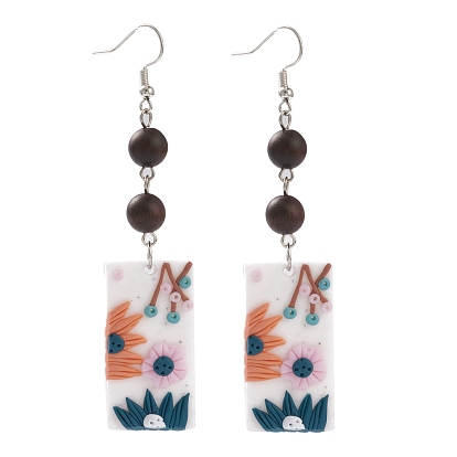 Polymer Clay Dangle Earrings, with Natural Wood Round Beads and 316 Surgical Stainless Steel Earring Hooks, Rectangle with Flower