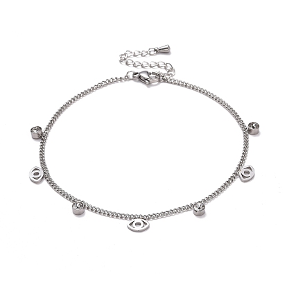 Bracelet de cheville avec strass en cristal et breloque en forme d'oeil pour femme, 304 bracelet de cheville en acier inoxydable