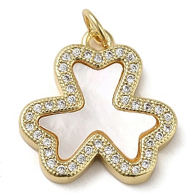 Brass Micro Pave Cubic Zirconia Pendants, with Shell, Clover