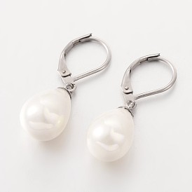 Teardrop Shell Pearl Leverback Dangle Earrings, with 304 Stainless Steel Leverback Hoop Earrings, Stainless Steel Color, 31mm, Pin: 1mm