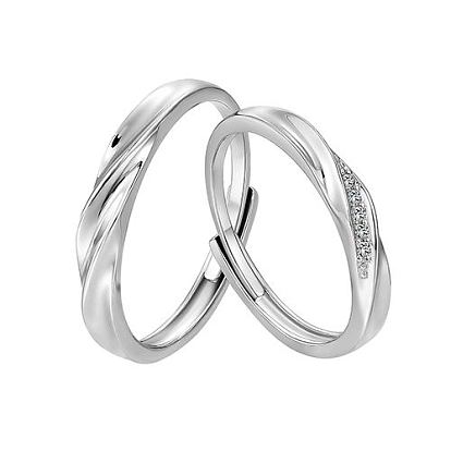 925 anillos de pareja ajustables con ondas de plata esterlina, anillos de circonita cúbica transparente para los amantes