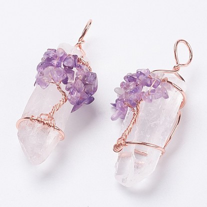 Pendentifs en cristal de quartz naturel, avec les accessoires en laiton, balle, or rose