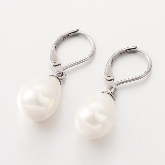 Aretes colgantes con perla en forma de lágrima, 304 de acero inoxidable con pendientes de aro leverback, color acero inoxidable, 31 mm, pin: 1 mm