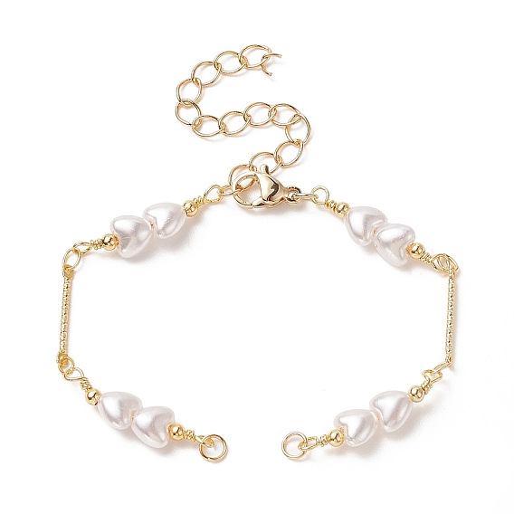 Chaîne de fabrication de bracelets en laiton, avec perle imitation perle acrylique cœur et fermoir mousqueton, pour la fabrication de bracelets lien