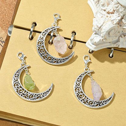 Hollow Moon Alloy Pendant Decoration, Wire Wrapped Electroplated Natural Quartz Crystal and Alloy Lobster Claw Clasps Charm