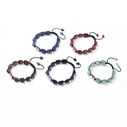 Bracelets de perles tressées de pierres précieuses mélangées, bracelet en nylon avec nœud carré, avec les accessoires en alliage, rectangle avec arbre