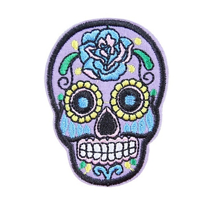 Sugar Skull Computerized Embroidery Style Cloth Iron on/Sew on Patches, Appliques, Badges, for Clothes, Dress, Hat, Jeans, DIY Decorations, for Mexico Day of the Dead