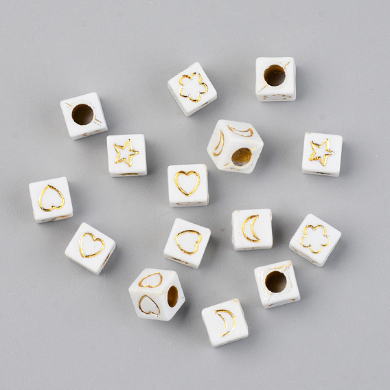 Placage sous vide perles acryliques, opaque, cube avec forme mixte, blanc