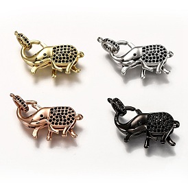 Brass Micro Pave Black Cubic Zirconia Lobster Claw Clasps, with Bail Beads/Tube Bails, Long-Lasting Plated, Elephant