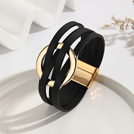 Ring Link Leather Multi-strand Bracelets, with Golden Alloy Magnetic Clasps