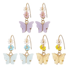 3 Pairs 3 Colors Alloy Acrylic Butterfly Dangle Earrings, Seed Beaded Flower Drop Earrings with 304 Stainless Steel Pins