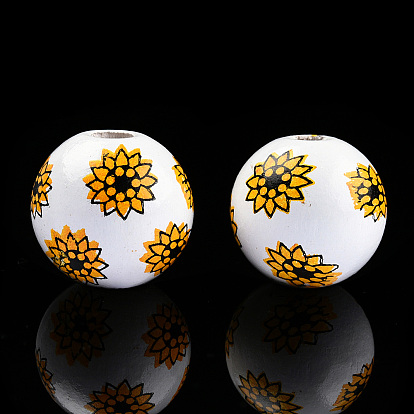 Perles de bois peintes par pulvérisation, perles imprimées, ronde avec des fleurs