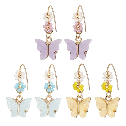 3 Pairs 3 Colors Alloy Acrylic Butterfly Dangle Earrings, Seed Beaded Flower Drop Earrings with 304 Stainless Steel Pins