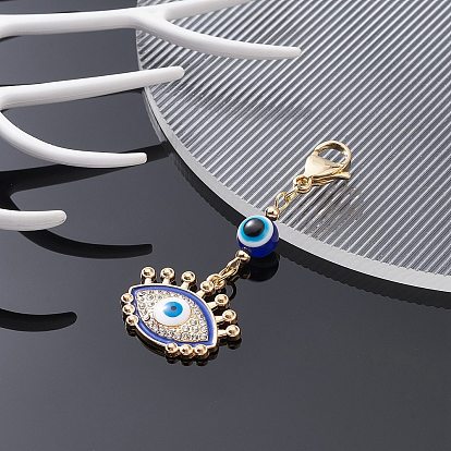 Alliage d'émail mauvais œil avec décoration pendentif en strass, perles de résine et 304 fermoirs mousqueton en acier inoxydable, oeil/fleur/plat rond